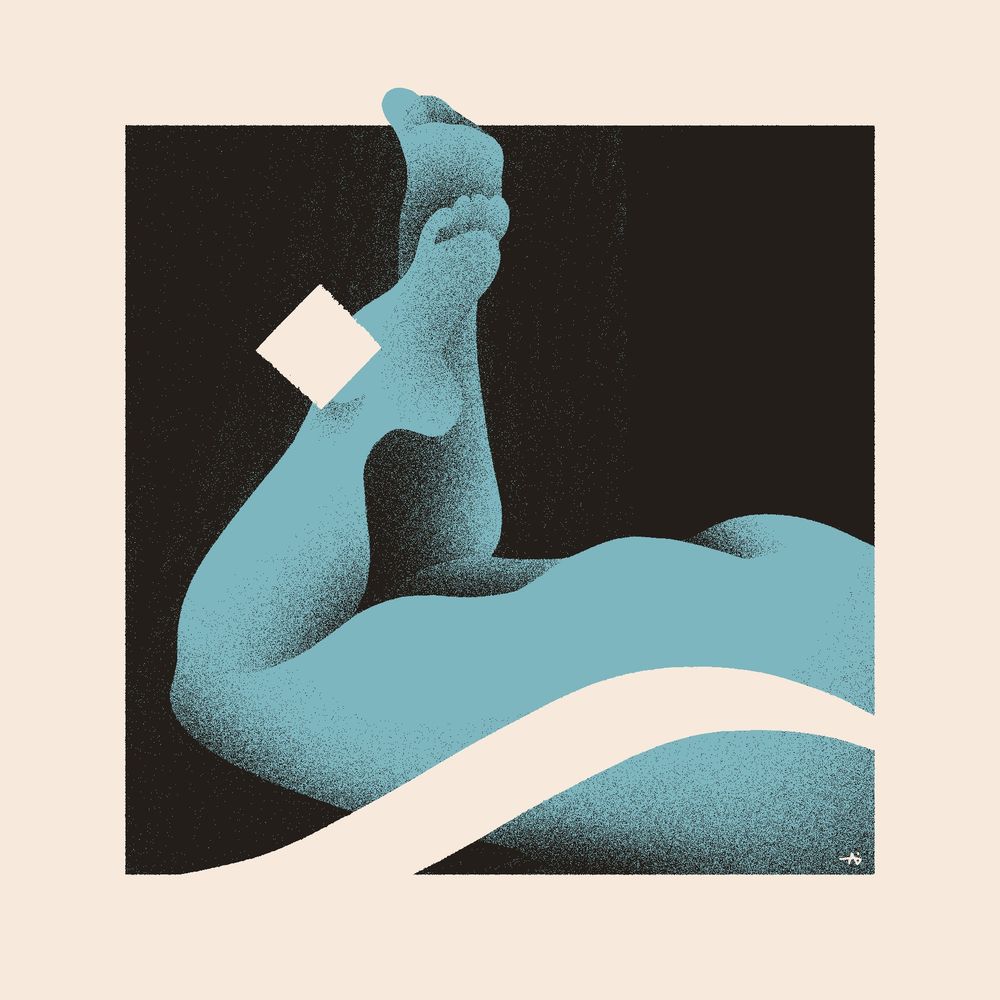 A close-cropped drawing of Asobi's rear, legs, and feet. She's laying on her stomach with feet in the air. Calligraphic marks punctuate the black, blue, and white composition.
