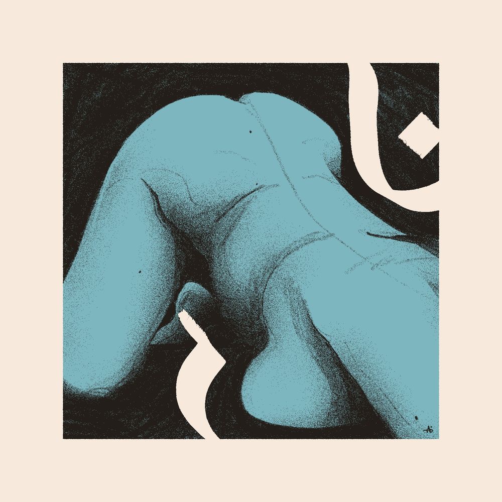 A close crop of a woman with her back arched, butt raised in the air, and her breast pressed into the ground. White calligraphic marks highlight her arch and shapes.