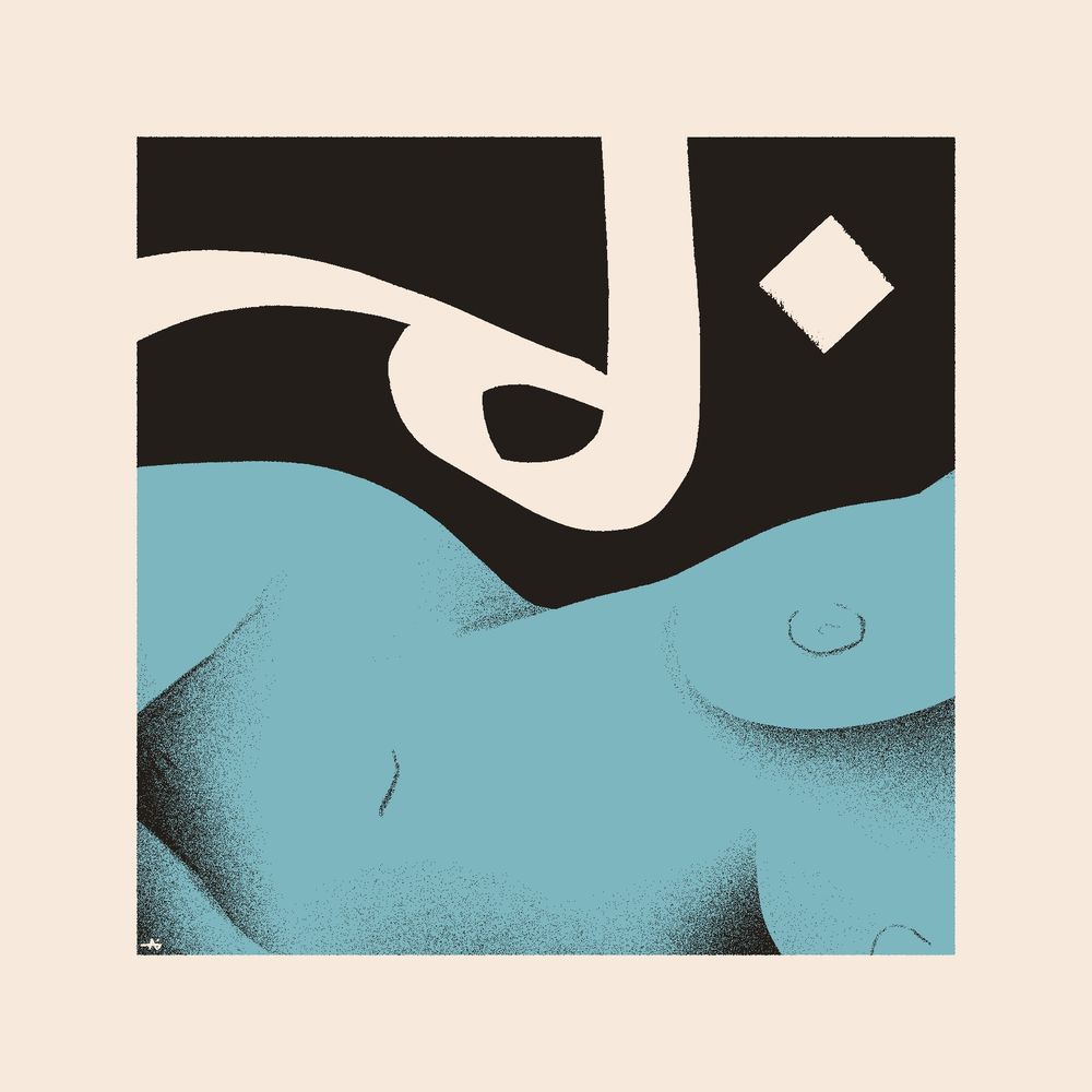 A close-cropped drawing of Asobi's torso while she lays on her side. Calligraphic marks follow her curves on a black, blue, and white composition.