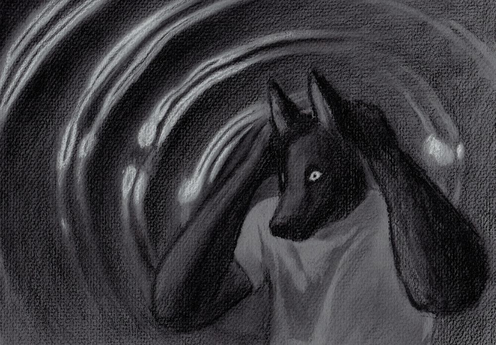 A charcoal and chalk drawing. A jackal-person, hunched over with a look of alarm and eyes wide open, clutches at the back of their head with both hands. In the background, there is a pattern like rippling water, with waves propagating toward the upper left.