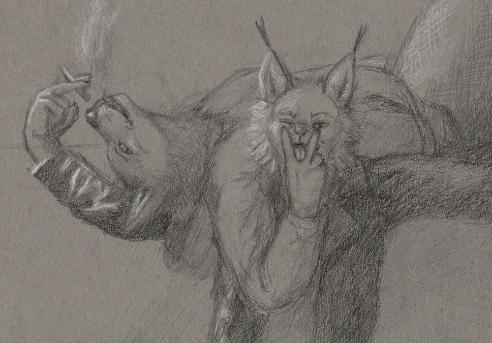 A coyote-woman and a lynx-woman pose with each other as if they're having their photo taken, staring at the viewer/camera. The lynx leans against a low wall, with her arms spread out; she is holding a cigarette up to the coyote's mouth. The coyote is laying on her back on top of the wall, with the lynx's head resting against her side, and her head lolling out over the edge with smoke pouring out of her mouth; she is holding up a "v" sign under the lynx's mouth, forming a rude gesture.