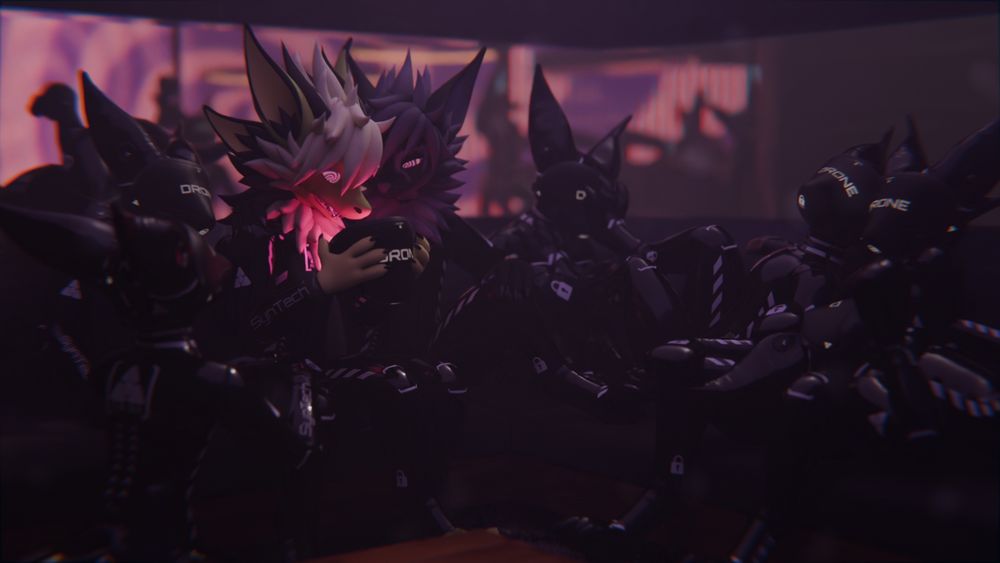 A few people with drone masks on are sitting over a table at a bar where Preston (@chessgpt.fursona.club) is putting on his first visor with Devg's purple nardo sitting behind him with his hand around his shoulder, encouraging him to put it on.