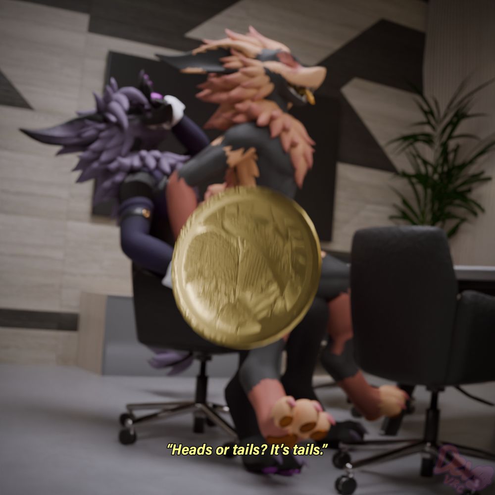 Devg's purple and orange Nardoragon playing heads or tails in the office, the loser has to help out their co-worker. Other co-workers are also playing the game to see who wins. They ask "Heads or tails" and say “Heads or tails? It’s tails.”. A shiny golden coin is displayed in the center of the screen, bearing an imprint of a tail on it.