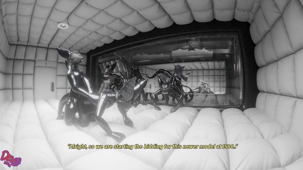 Drones in a padded room with their ass towards the glass and Devg's purple Nardoragon standing on the other side of it, recording them and doing bidding. You can see another padded room behind him with more drones.
