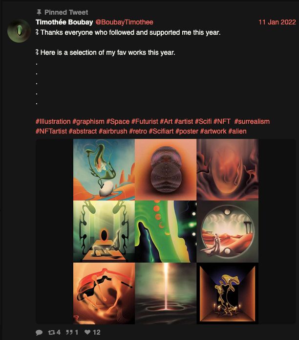 Capture de la page twitter de l'artiste, montrant un post promouvant ses nft.