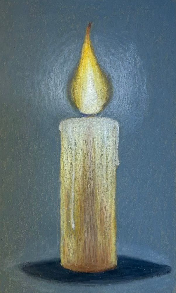 crayon drawing of a pale yellow candle with a blue gray background