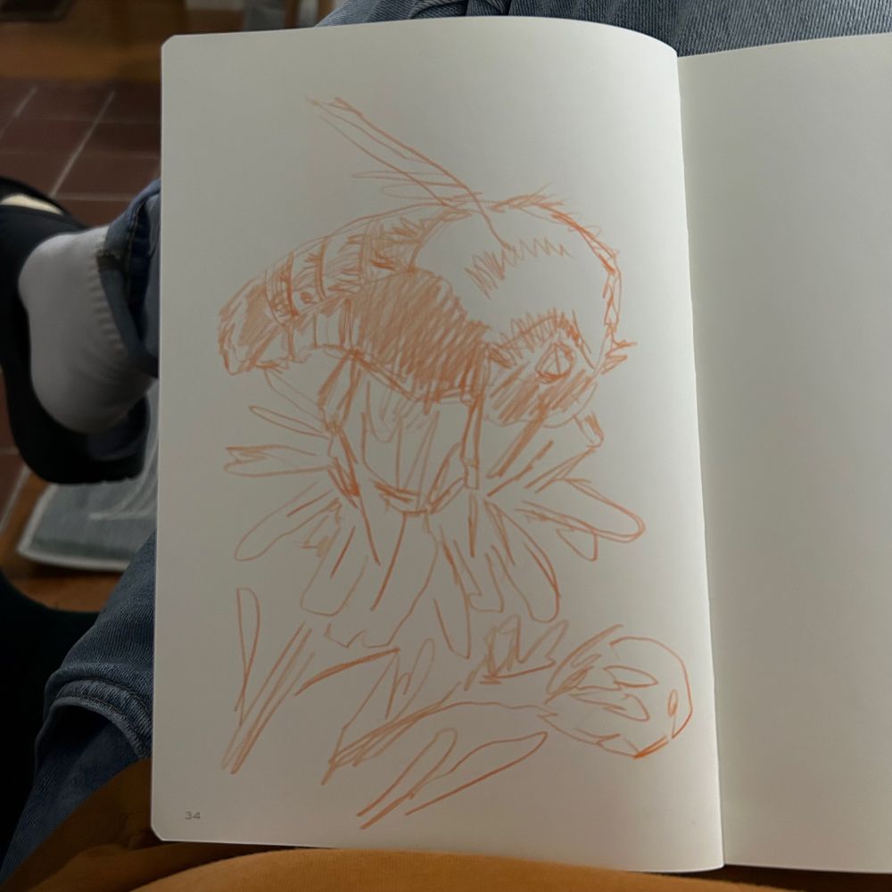 a sketch of a bee on a flower, done in orange pencil