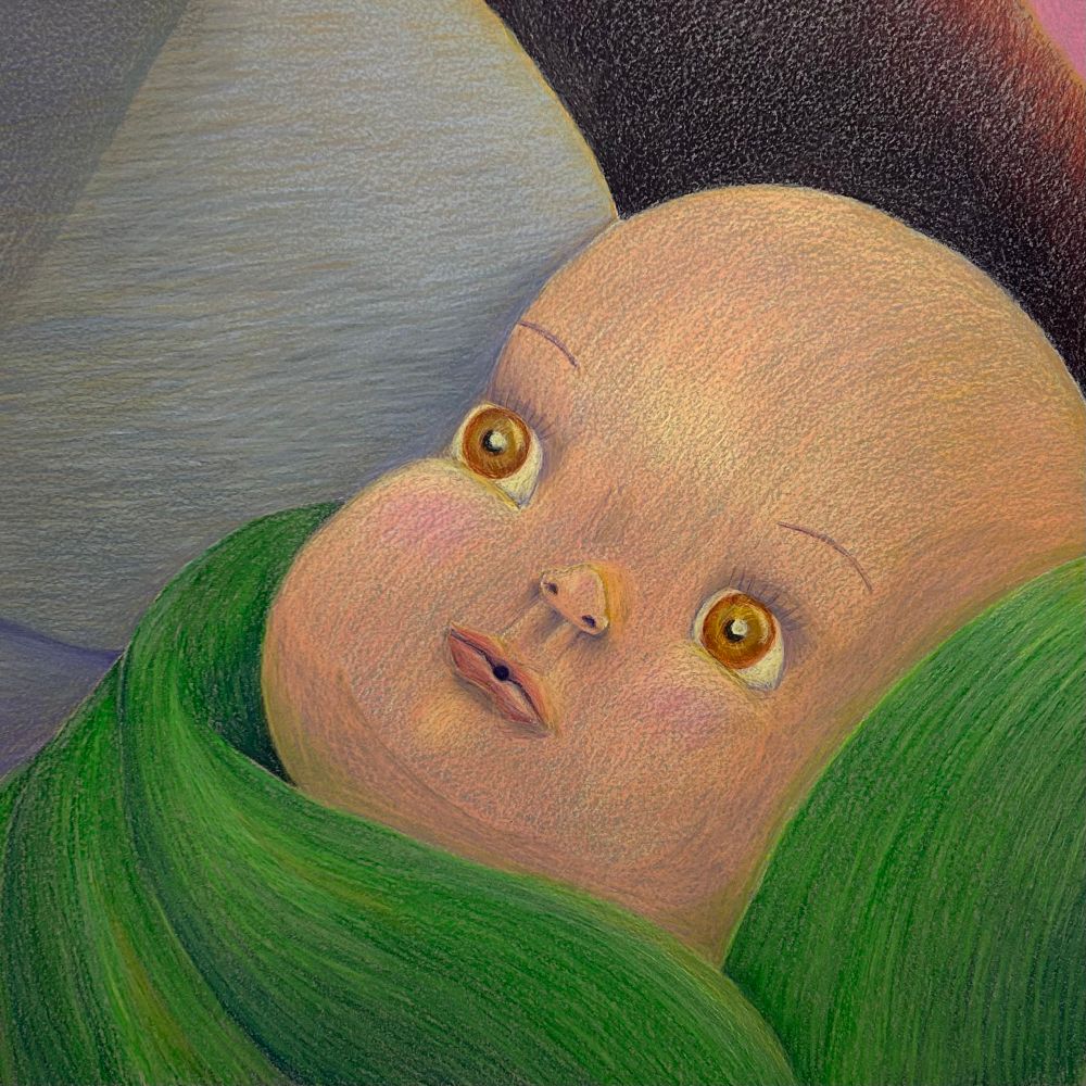 wax crayon on paper drawing of a doll wrapped in a blanket, held against a gorilla’s chest