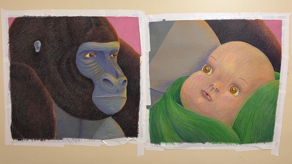 24” x 24” wax crayon drawings of a gorilla and a doll