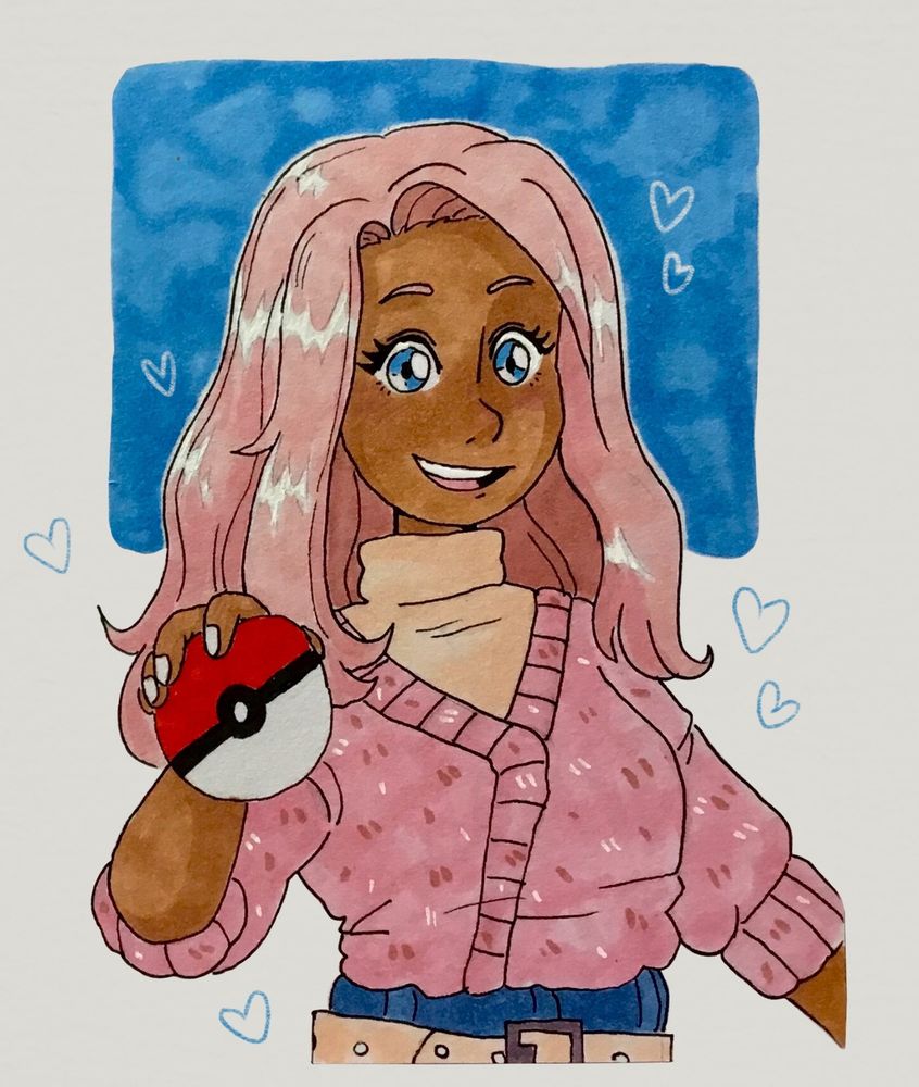 traditional marker piece of a pokemon trainer, she has tanned brown skin and long below shoulder pink hair. She's smiling while holding a pokeball.  