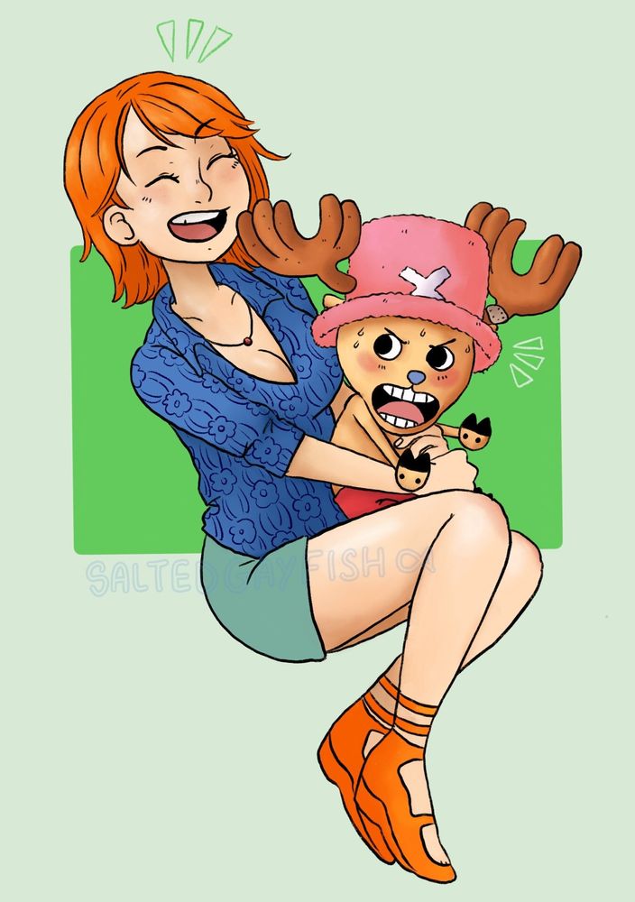 Image shows Nami and Chopper from one piece in their pre-timeskip designs. Nami has short orange hair that goes down to the base of her neck with a swooping fringe to the left. She's laughing with her eyes closed. She's sat with her legs closed, you see her from the side. She's wearing a dark blue patterned top and green shorts with orange sandle heels. Chopper is trapped on her lap, arms outstretched with an annoyed expression on his face, he's blushing and is wearing his iconic salmon pink hat with a white 'x' on the front, his five pronged antlers are sticking out the sides. The background is light green and behind them is a darker green rectangle.