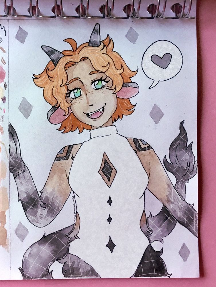 Traditional watercolour piece of a short haired, ginger character. She has goat like horns that are grey with a crosshatch pattern, this pattern extends over her animal ears, furred arms/legs and tails. 