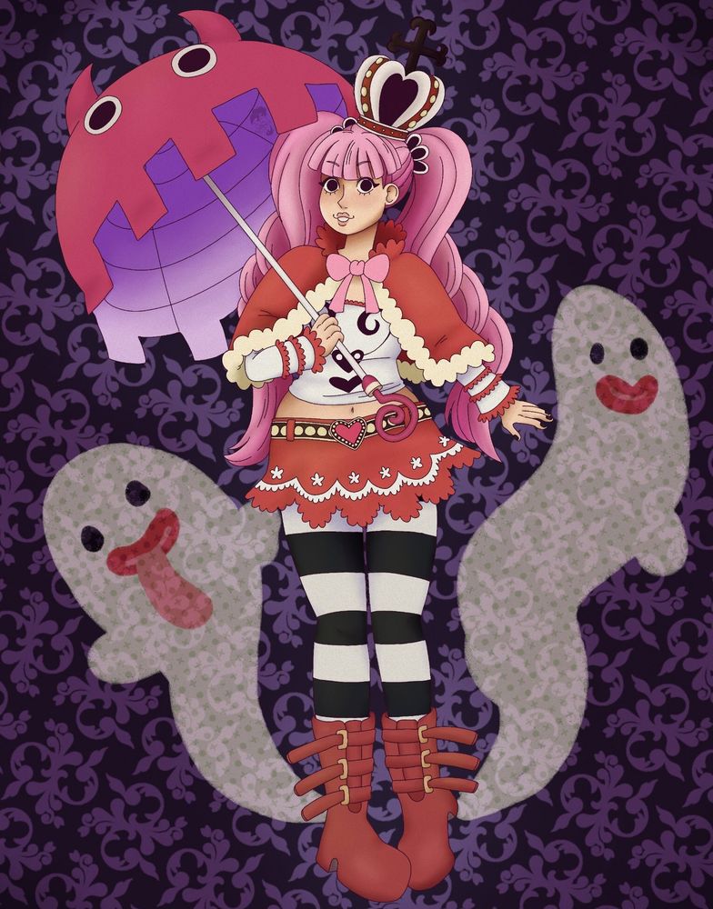 Image shows a full body drawn image of the character perona from one piece in her pre-timeskip outfit. She's holding a deep parasol that has two eyes on it. She has two ghosts on either side of her, one is shorter and has it's tounge out the other is taller and is just looking to the side. The background is dark purple with a victorian pattern in a lighter purple.