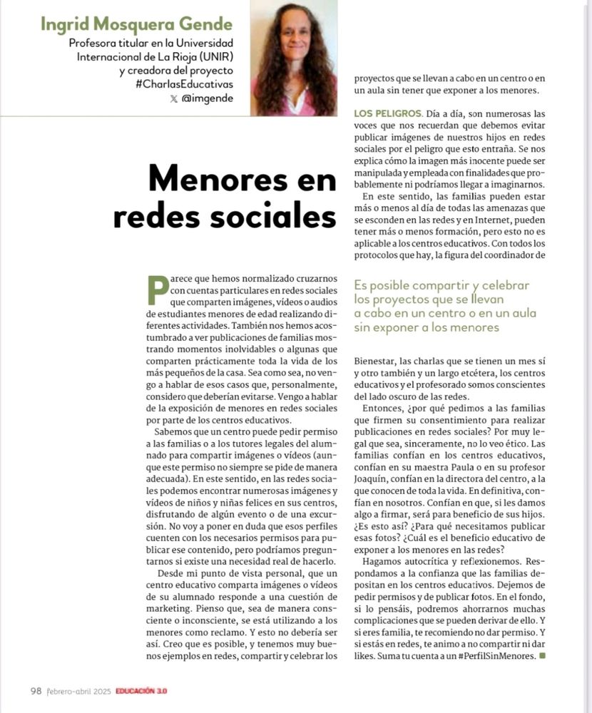 Captura de pantalla de artículo que he publicado recientemente en Educación 3.0 y en el que defiendo que no se publiquen fotos o vídeos de menores desde los centros educativos.