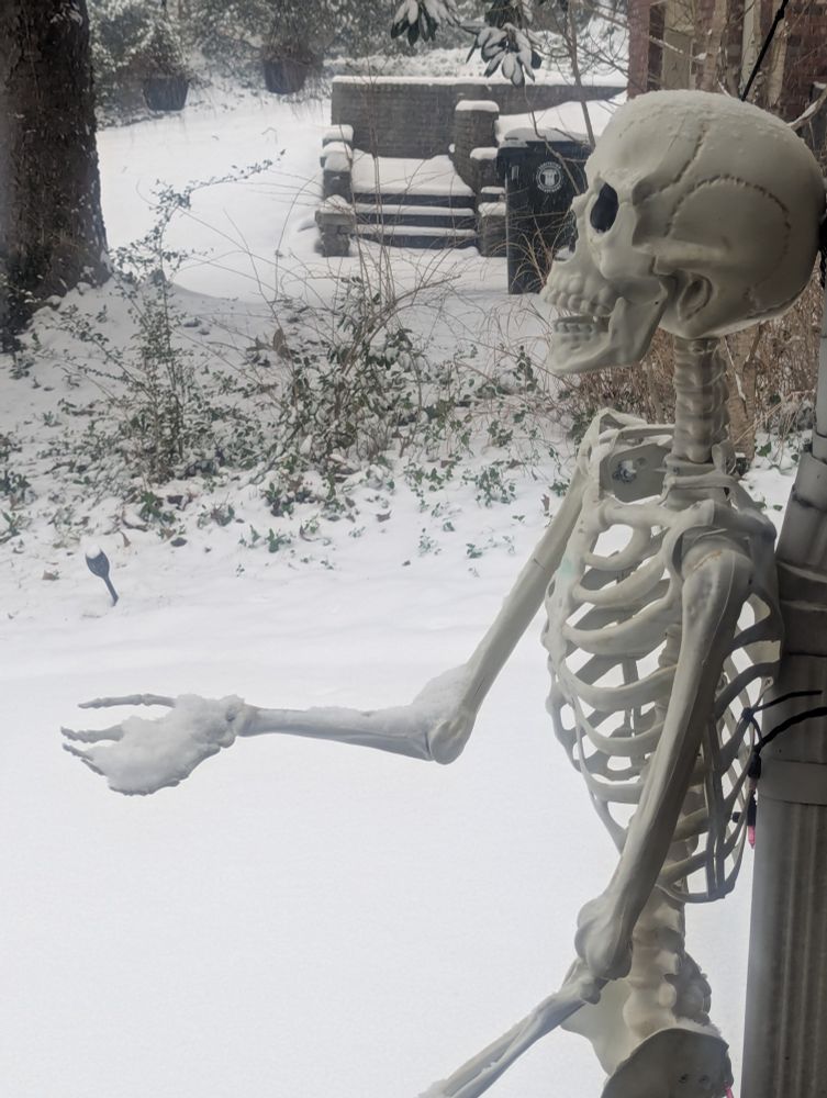 A fake skeleton with one hand extended that is covered in snow