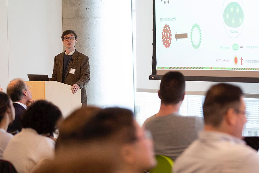 Jasper Jeffrey discusses his research during the Pittsburgh Biomolecular Condensates Conference on May 22, 2025.