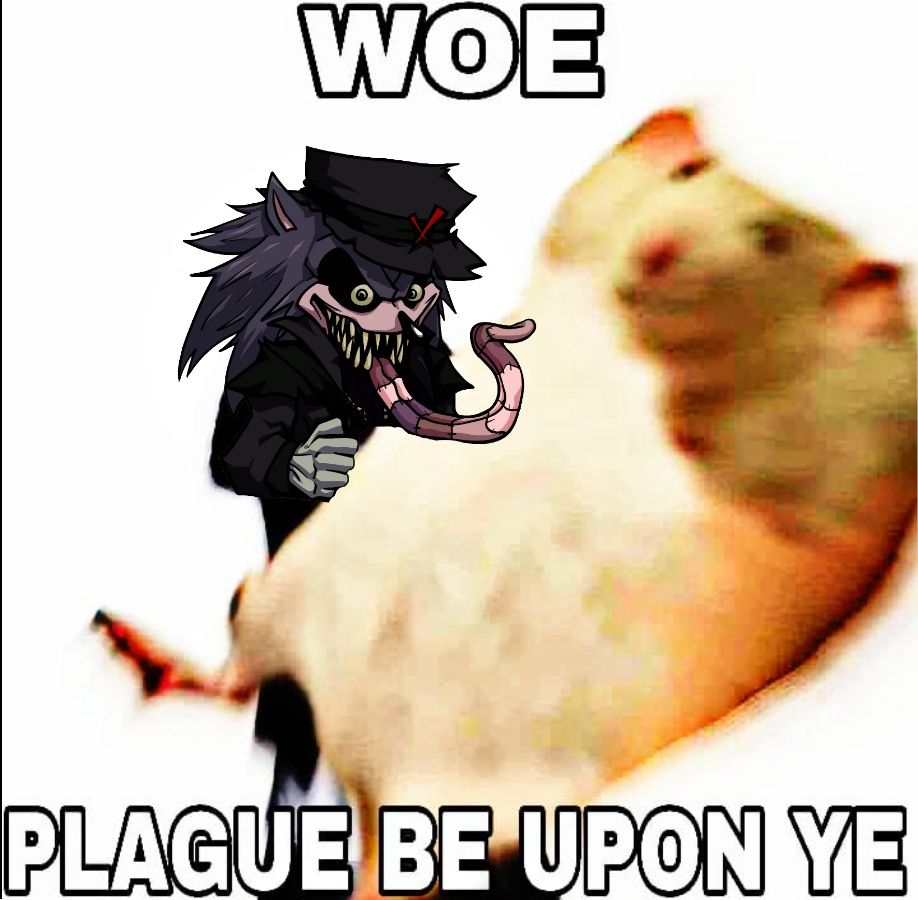 A shitpost of Kyofu, Lord X's Guardian of Fear hurling a rat at the viwer saying "Woe, Plague be upon ye"