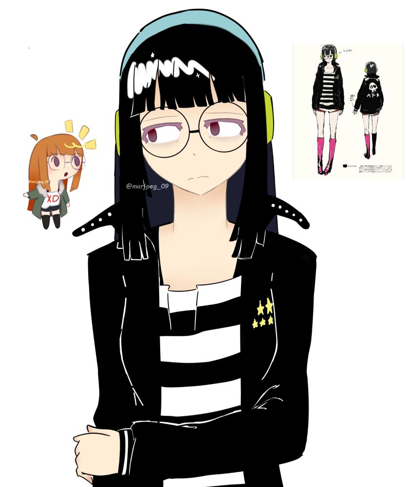 Original design of Futaba Sakura from Persona 5.
Next to her on the right, is the image of the official drawing of her original design. (Or beta design).
Next to her on the left, I drew a chibi version of Futaba is actual design.