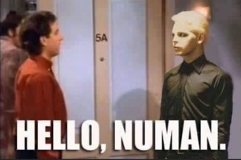 Mashup of Seinfeld and Gary Numan, Seinfeld exhorting, ""Hello, Numan."
