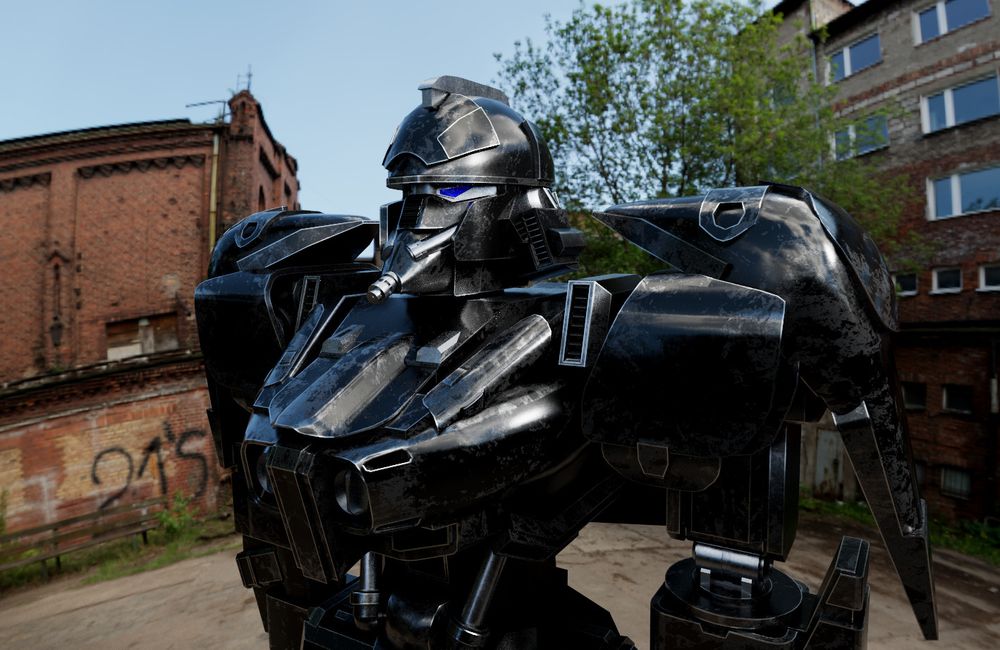 Closeup on a black painted eastern style mech