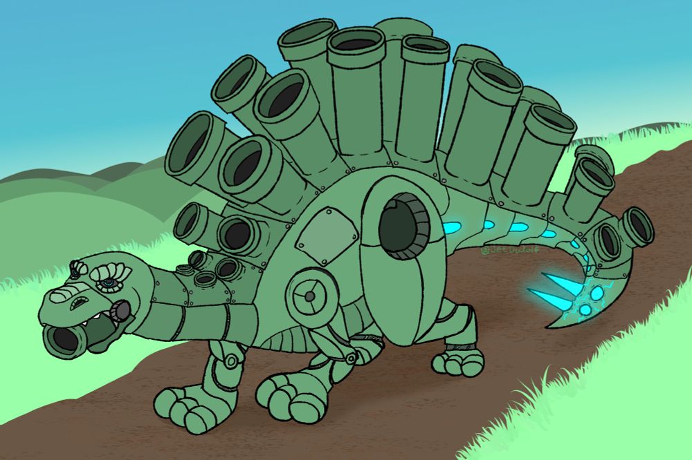 Mechanical dinosaur walking down a path