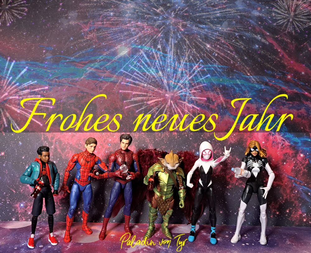 Mein Avatar (Tierwesen) zusammen mit verschiedenen Spider-Versionen.
Frohes neues Jahr 