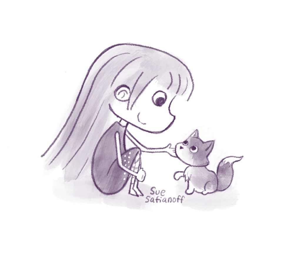 An illustration of a little girl petting a cat