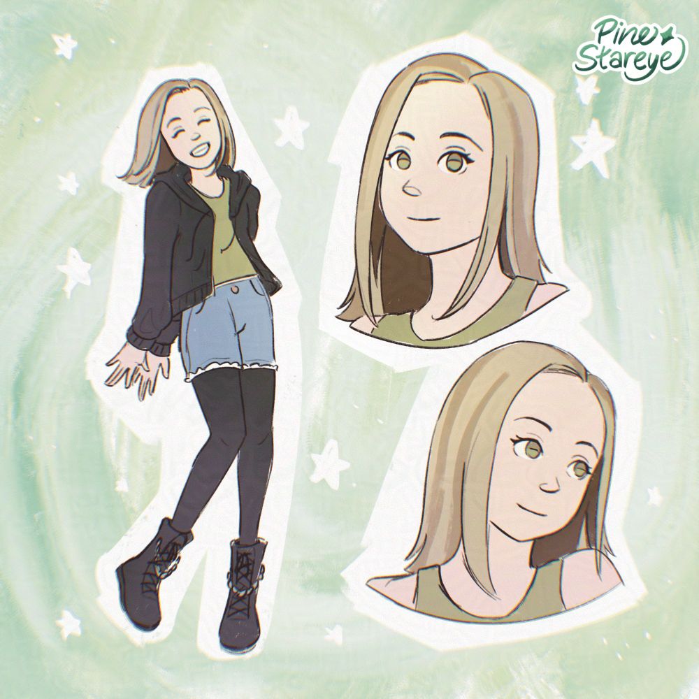 A couple of sketches of myself with my new hairstyle. My hair is cut to shoulder-length, and is an overall dirty blonde with a darker brown color underneath near my neck.