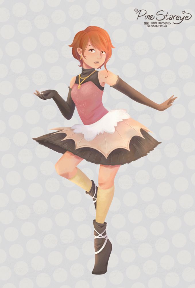 A digital illustration redrawing of a character design of mine I originally created in 2019, who doesn't have a name aside from Gear Girl. She's balancing on one leg gracefully with one arm out and the other one cupped by her body.