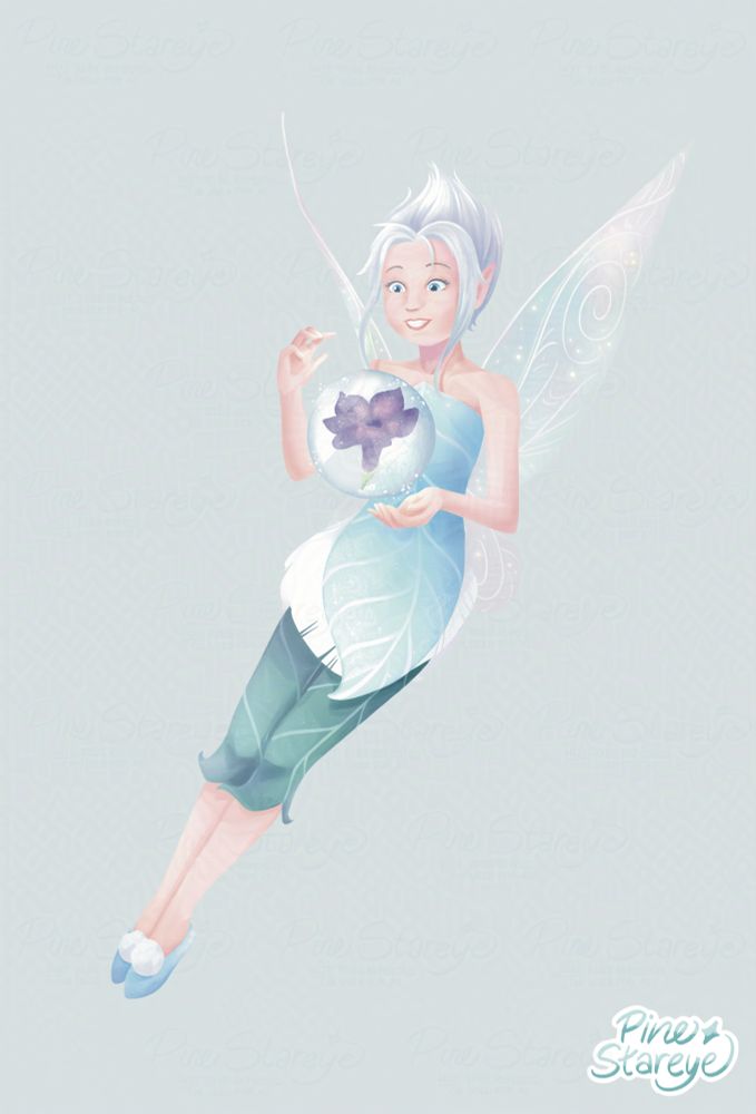 Digital illustration of Periwinkle wearing her main outfit from the Disney Fairies movie "Secret of the Wings" (2013). She's floating mid-air with two hands  surrounding a frosted periwinkle flower hovering in mid-air. A few sparkles surrounding her wings indicates pixie dust.