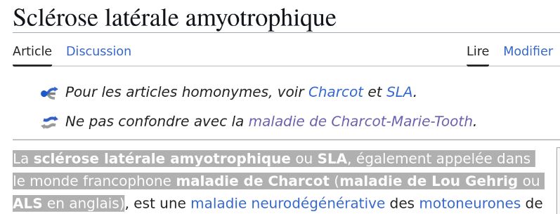 Screenshot from the Wikipedia in French about ALS, that mentions that it is also called Charcot disease