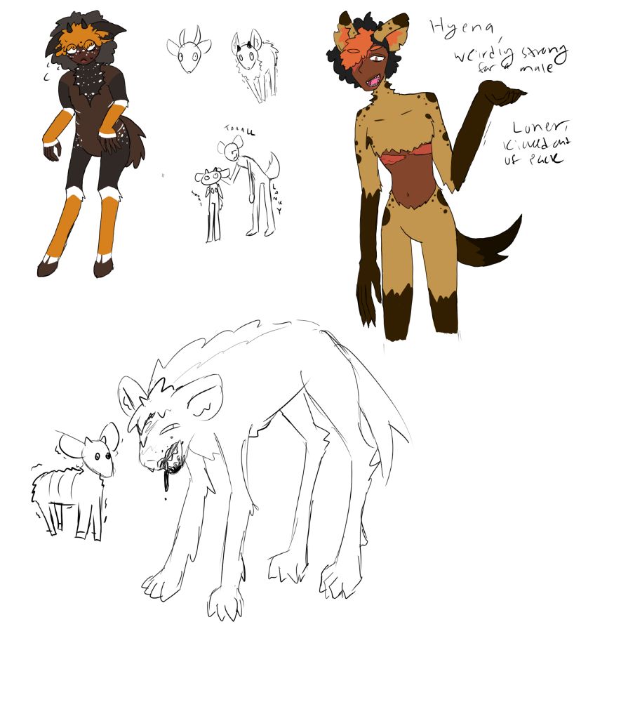 A simple reference sheet for a humanized nyala antelope, and a humanized spotted hyena. There are also sketches of the two as actual animals, and a doodle showing their size difference.