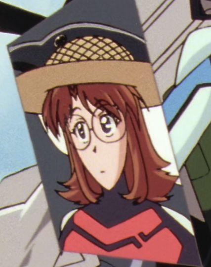 a cockpit view Hikaru Amano from Nadesico wearing a sun hat with a dolphin floatie behind her
