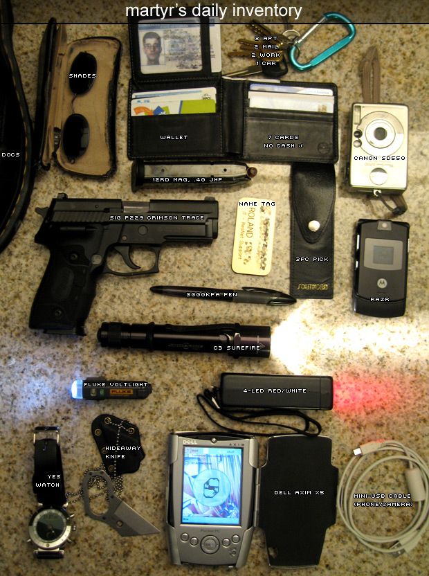 An image of my every day carry items such as a sleek flip phone, a PDA from the early 2000s, tactical gear, and other fun normal items you might take to your job as an office IT worker. 