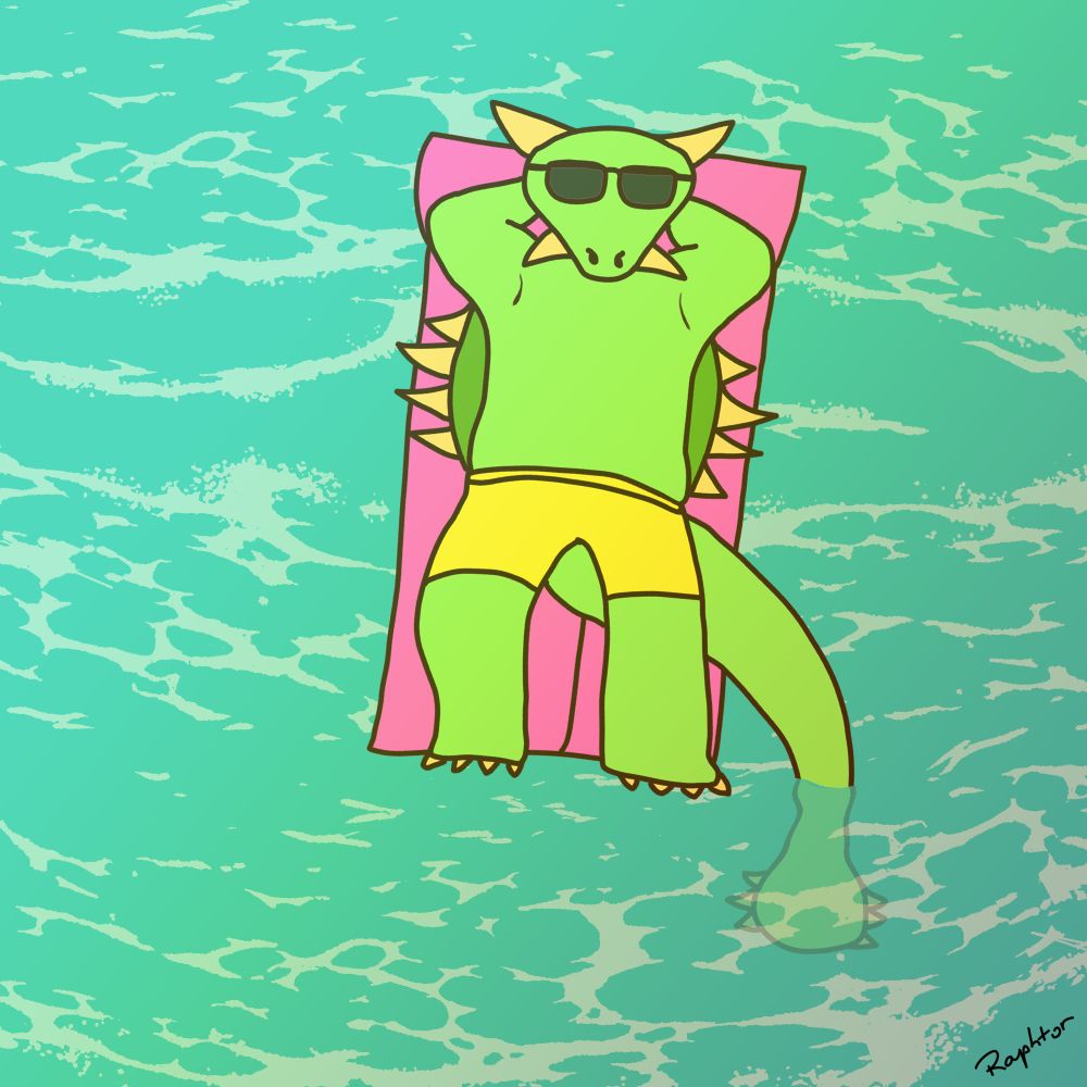 Un ankylosaure chill au soleil sur un matelas pneumatique.