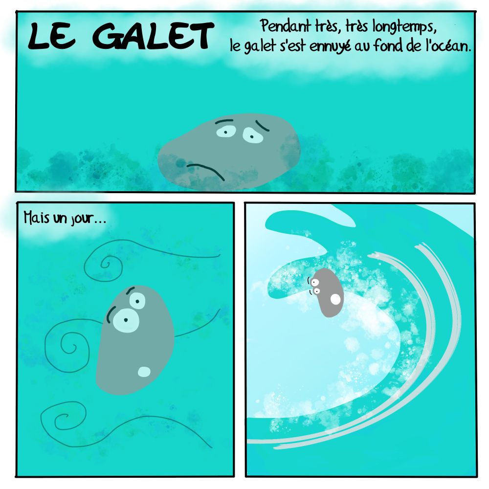Un galet s'ennuie profondément dans l'océan avant d'être embarqué un jour par le courant puis une vague.