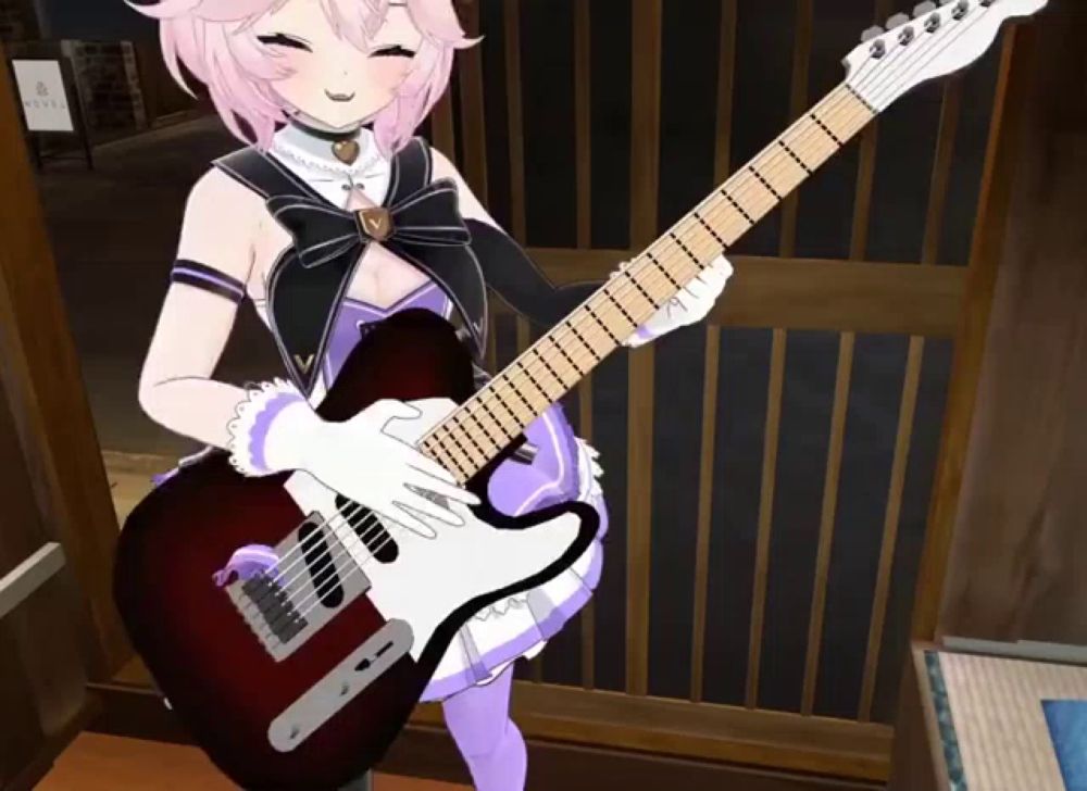 a girl with pink hair is holding a guitar in her hands