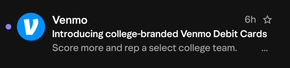 An email from Venmo with the subject line "Introducing college-branded Venmo Debit Cards"