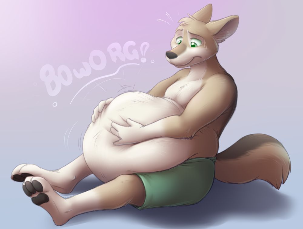 A coyote wearing only a pair of shorts has a greatly distended belly filling his lap. He has a worried look as he holds it and ominous sounds come from within. Art by ScottC.