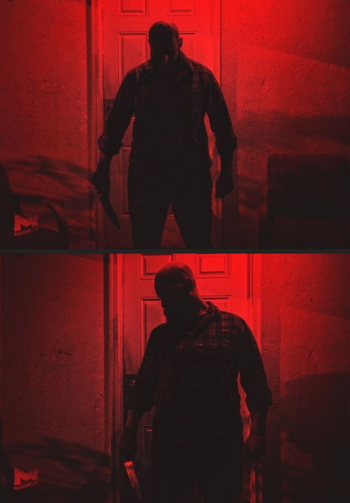Two photos of Mads standing on a red-lit porch in the shadows holding a knife