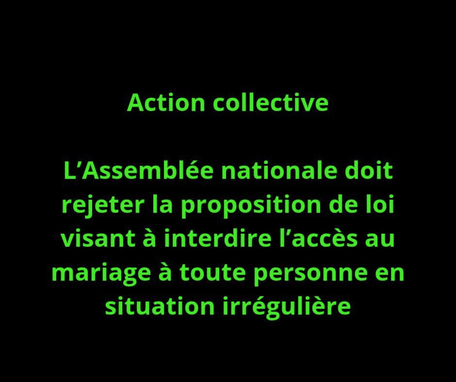 Fond noir : texte en vert : Action collective : l'Assemblée nationale doit rejeter la proposition de loi visant à interdire l'accès au mariage à toute personne en situation irrégulière. 