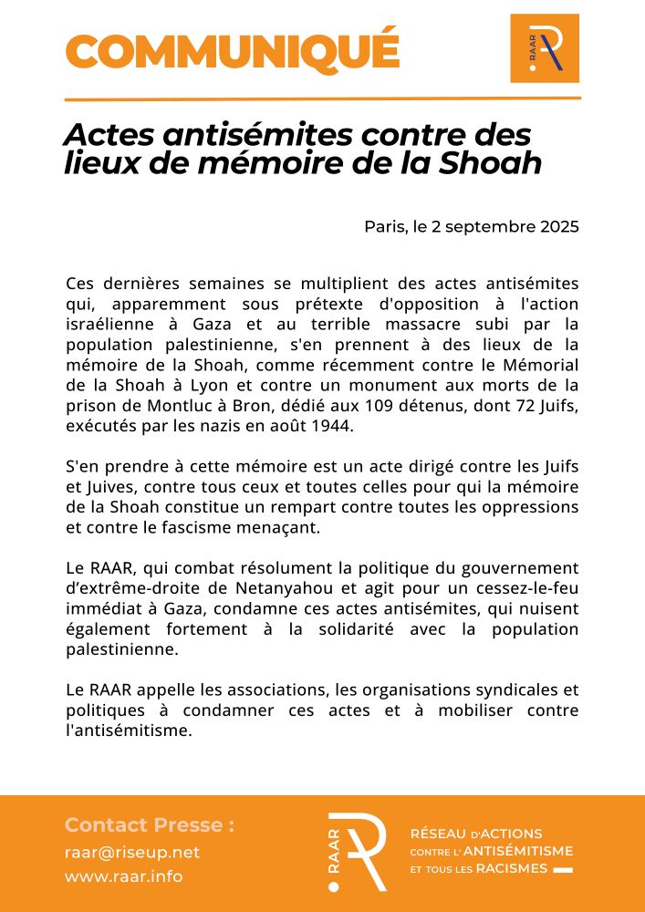 Visuel montrant le communiqué du RAAR, à lire sur le site internet : http://raar.info/2025/09/actes-antisemites-contre-des-lieux-de-memoire-de-la-shoah/