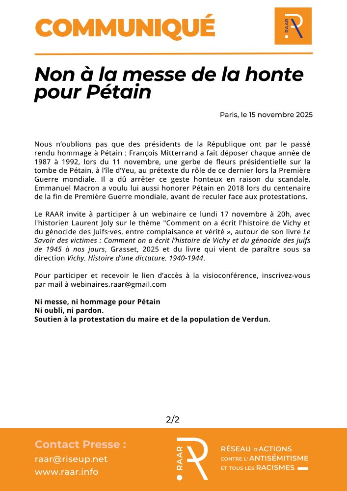 Communiqué du RAAR "Non à la messe de la honte pour Pétain" - Page 2 https://raar.info/2025/11/non-a-la-messe-de-la-honte-pour-petain/