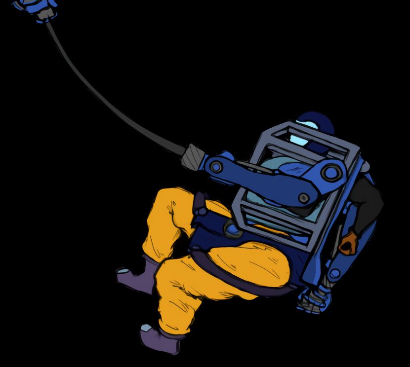 Transparent image of Loader from Risk of Rain 2 using her grappling hand to swing on by, making it look like she's swinging off the top of the image.