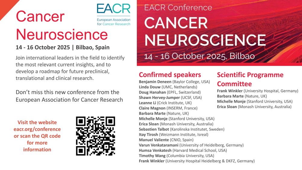 Poster for EACR conference on Cancer Neuroscience on 14-16 October, 2025 in Bilbao, Spain featuring various speakers.
