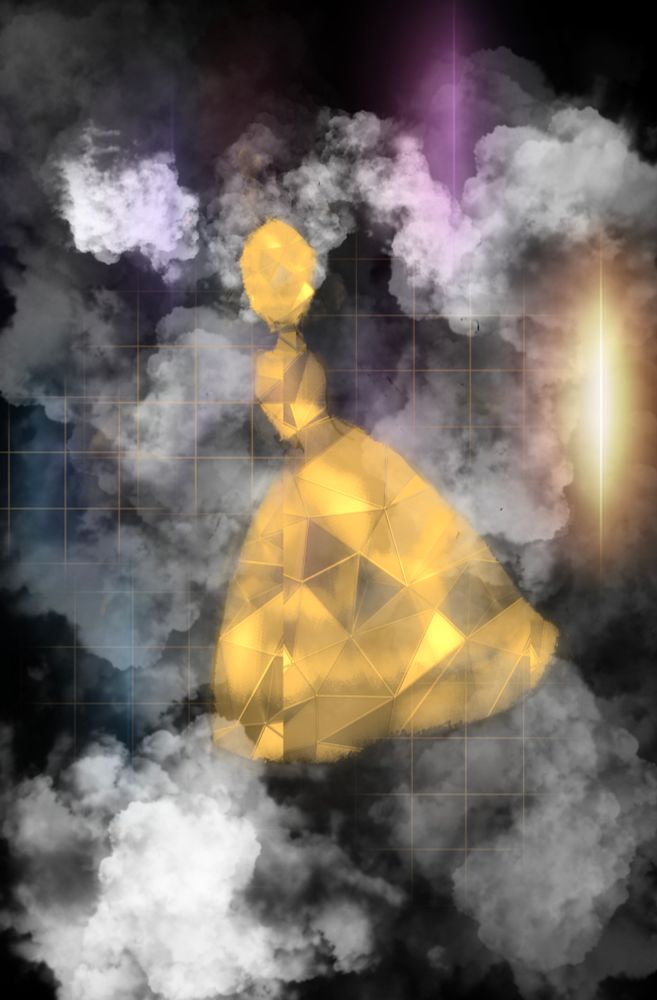 Golden cubes form the shape of a woman in a dress, against a black background covered in cloud-like smoke. A faint grid and flares of light accompany the spectre. 