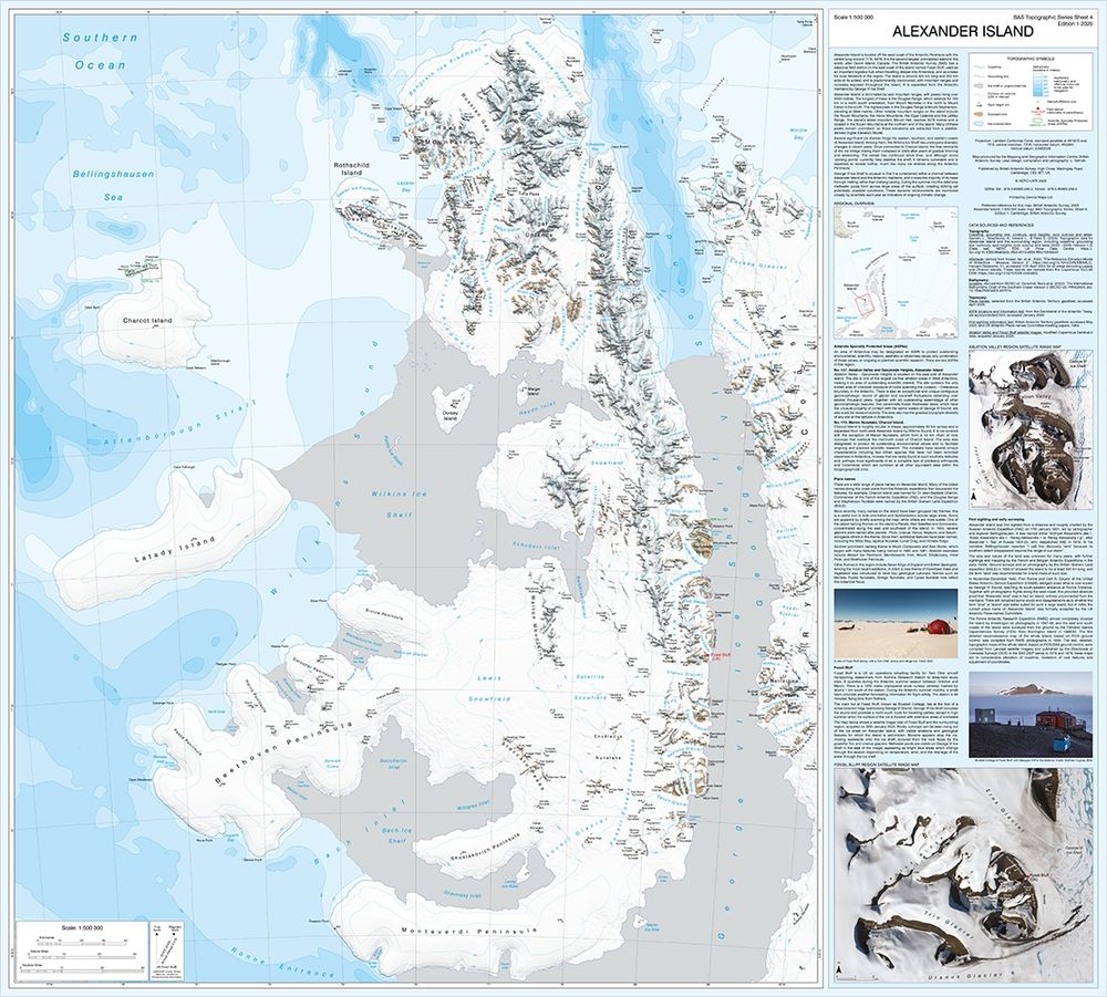 A topographic map of Alexander Island, Antarctica. The bathymetry depths are shown in varying shades of cyan. Ice shelves are shown in light grey. The land is white, with a hillshade detailing some of the terrain. A large information panel can be seen to the right of the main map, with information text and further small maps and satellite images.