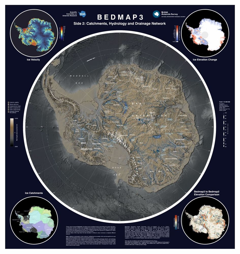 Bedmap 3 map side 2, showing the bed topography of Antarctica. 4 small roundel maps are shown in the corners presenting different datasets of interest, related to the project. This side of the map uses a different colour ramp, and also shows rivers and lakes present underneath the ice,
