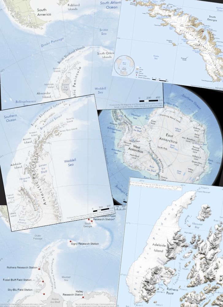 6 small maps of regions in Antarctica and South Georgia. These are examples of typical Helpdesk outputs from the job being advertised. Each map contains place names, bathymetry in shades of blue, and terrain details on land.