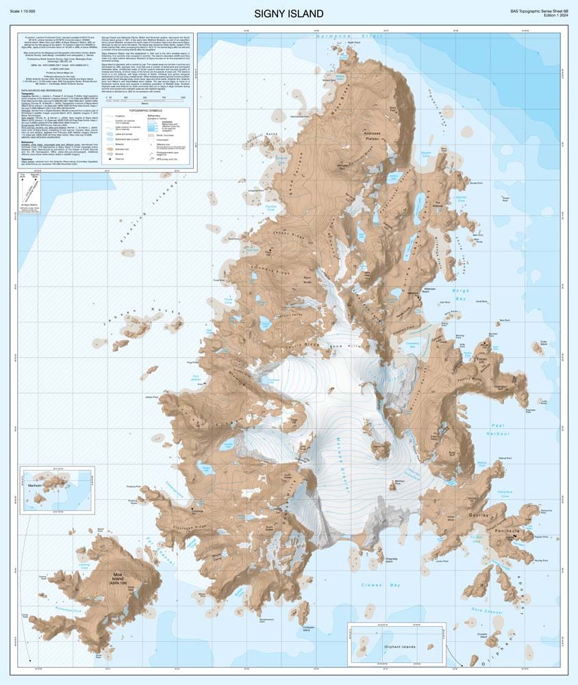 A map of Signy Island, South Orkney Islands. This map is part of our BAS Topographic Map Series. Bathymetry is shown in deepening shades of blue. Details on the land include ice and moraine extent, lakes, contours, and place names. 